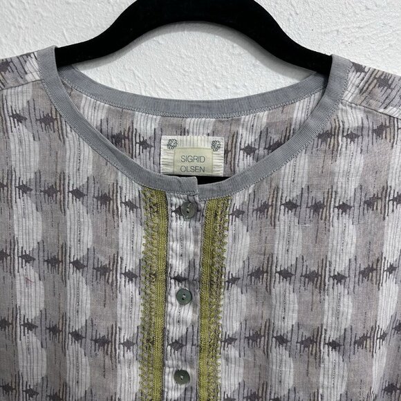 Sigrid Olsen Embroidered Linen Tunic Top Gray Lagenlook Coastal 1/2 Button Up L - Picture 6 of 11